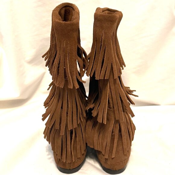 Minnetonka Women's 8 Boots Fringe Cognac Suede Moccasin Tall Boot EUC! 1638 - Picture 5 of 7